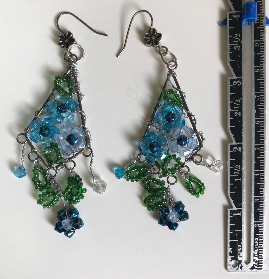 Wire Wrapped Blue Floral Dangle Earrings