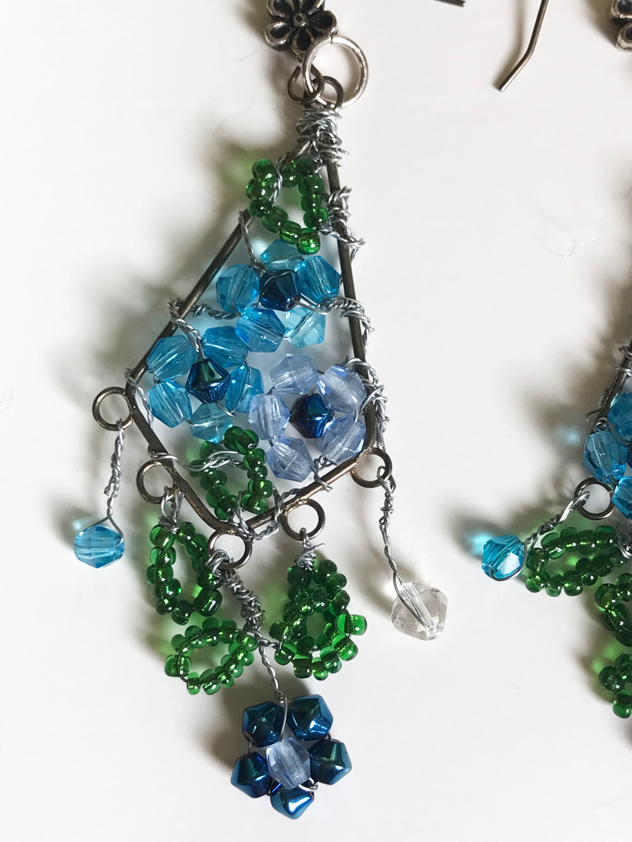 Wire Wrapped Blue Floral Dangle Earrings