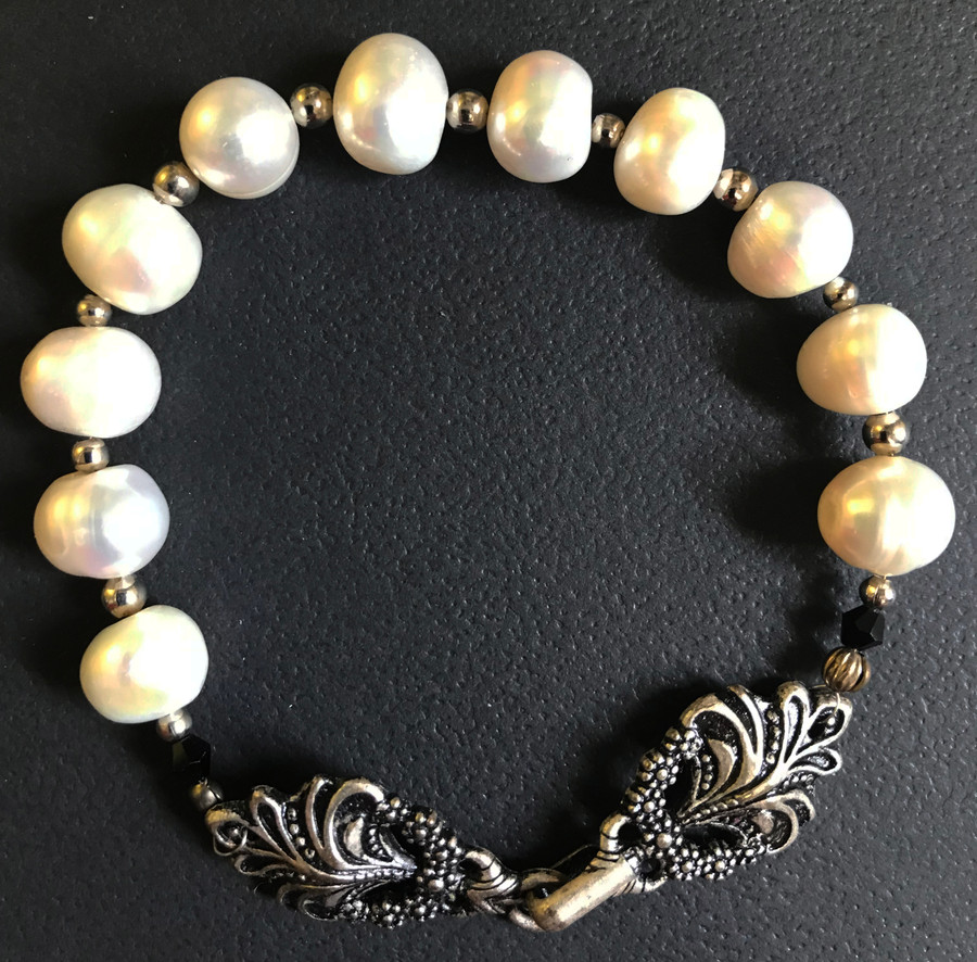 White Pearl and Black Crystal Bracelet
