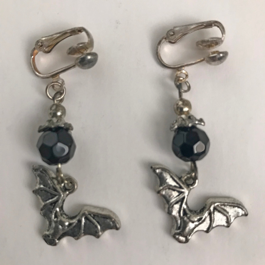 Silver Bat and Black Crystal Clip-On Earrings
