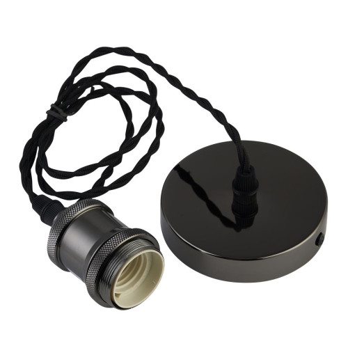 Black Chrome Textile Twisted Black Wire Suspension E27 Bulb Holder and Ceiling Rose 8388366