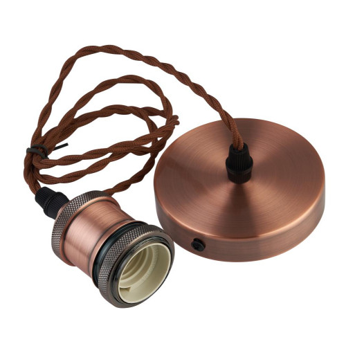Antique Copper Textile Twisted Brown Wire Suspension E27 Bulb Holder and Ceiling Rose 8388368