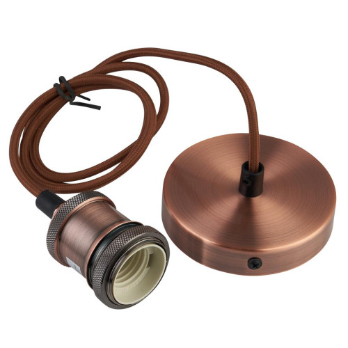 Antique Copper Textile Brown Wire Suspension E27 Bulb Holder and Ceiling Rose 8388369