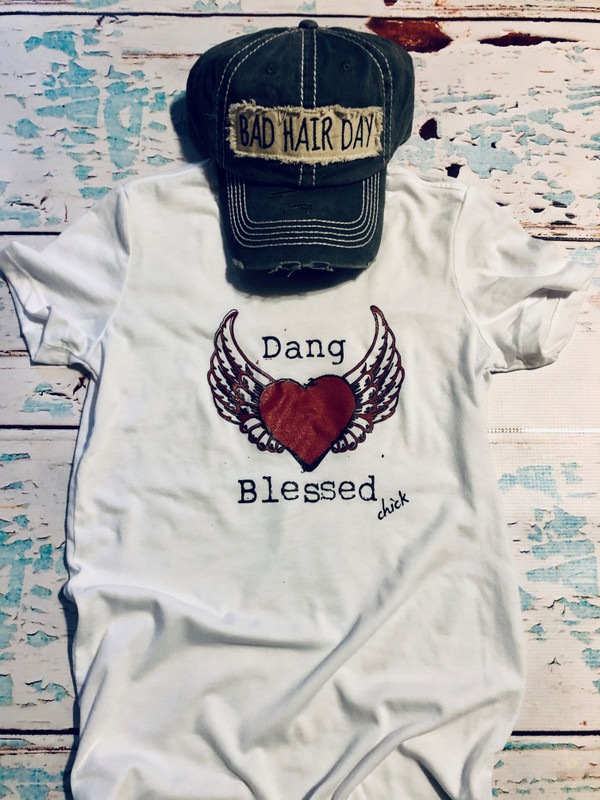 Dang Blessed white short sleeve fitted tee by Dang Chicks. Look and feel blessed today when you wear this cute tee!