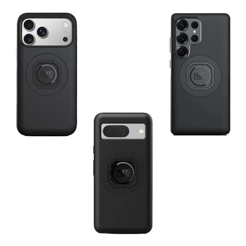 Quad Lock MAG phone cases for modern smartphones, featuring the magnetic mounting interface for secure motorcycle use.