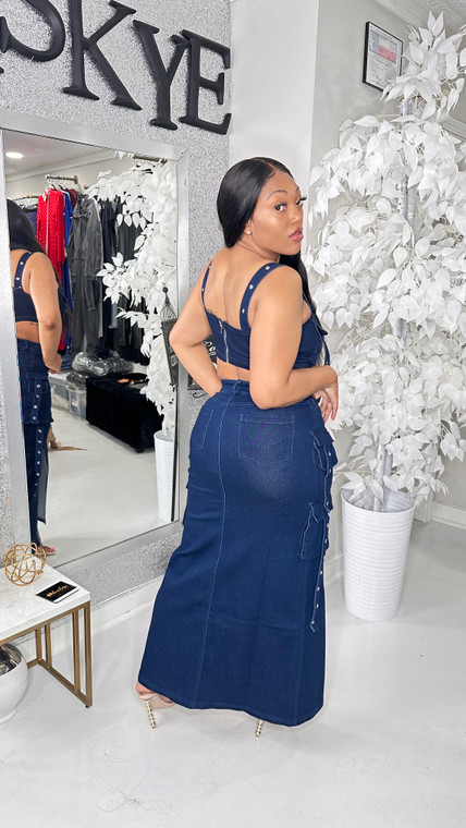 Bag it : denim two piece cargo set : dark blue 