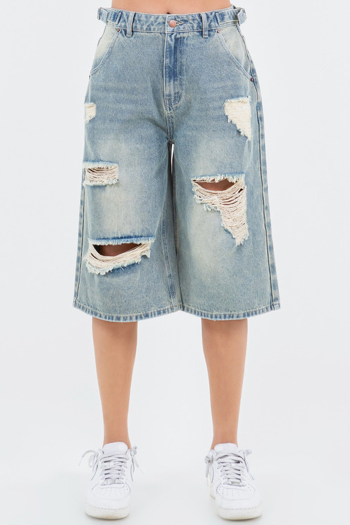 Sierra waist distressed wide leg jorts: Vintage blue