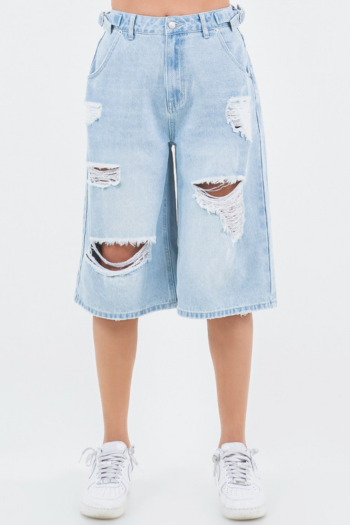 Sierra waist distressed wide leg jorts:  light blue