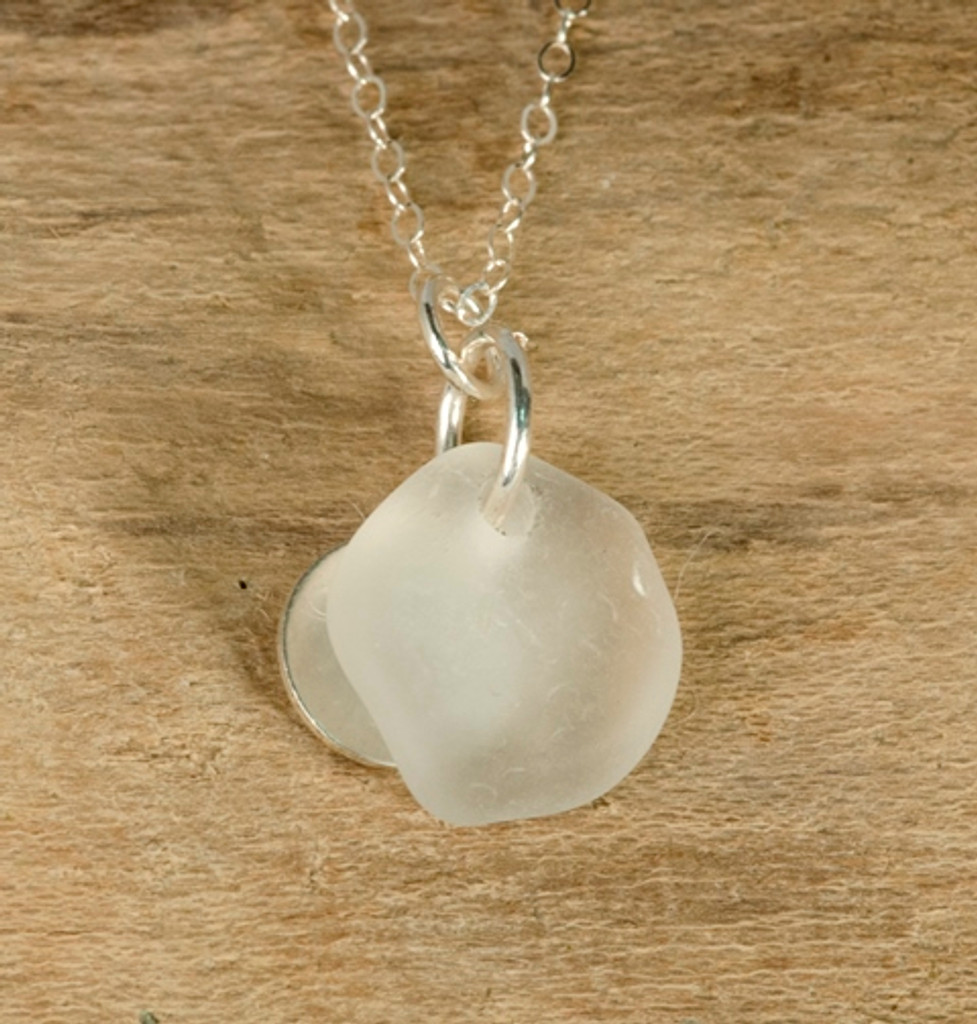 Clear Sea Glass & Sterling Silver Charm Necklace