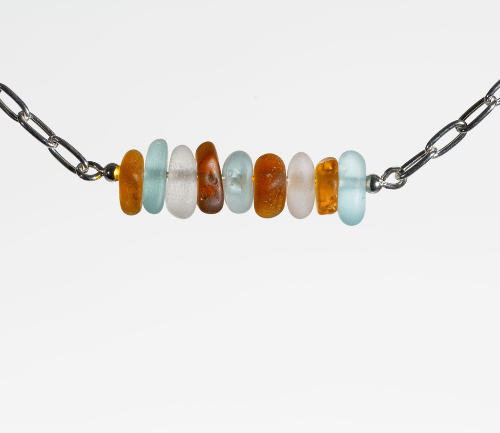 Warm Ambers, Clear, Sea Foam and Aqua Bar Necklace*