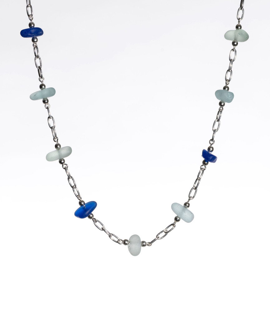 Blue & Aqua  Sterling Silver Sea Glass Necklace