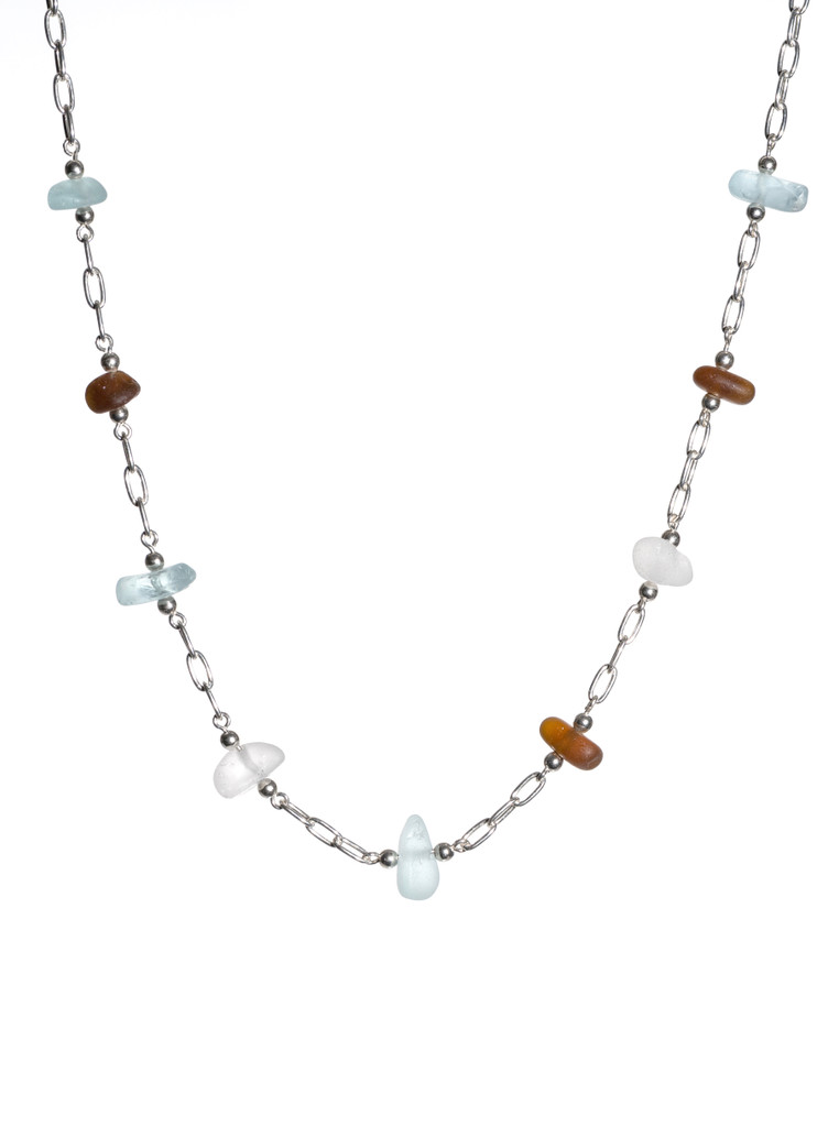 Aqua and Brown Sterling Silver Sea Glass Necklace