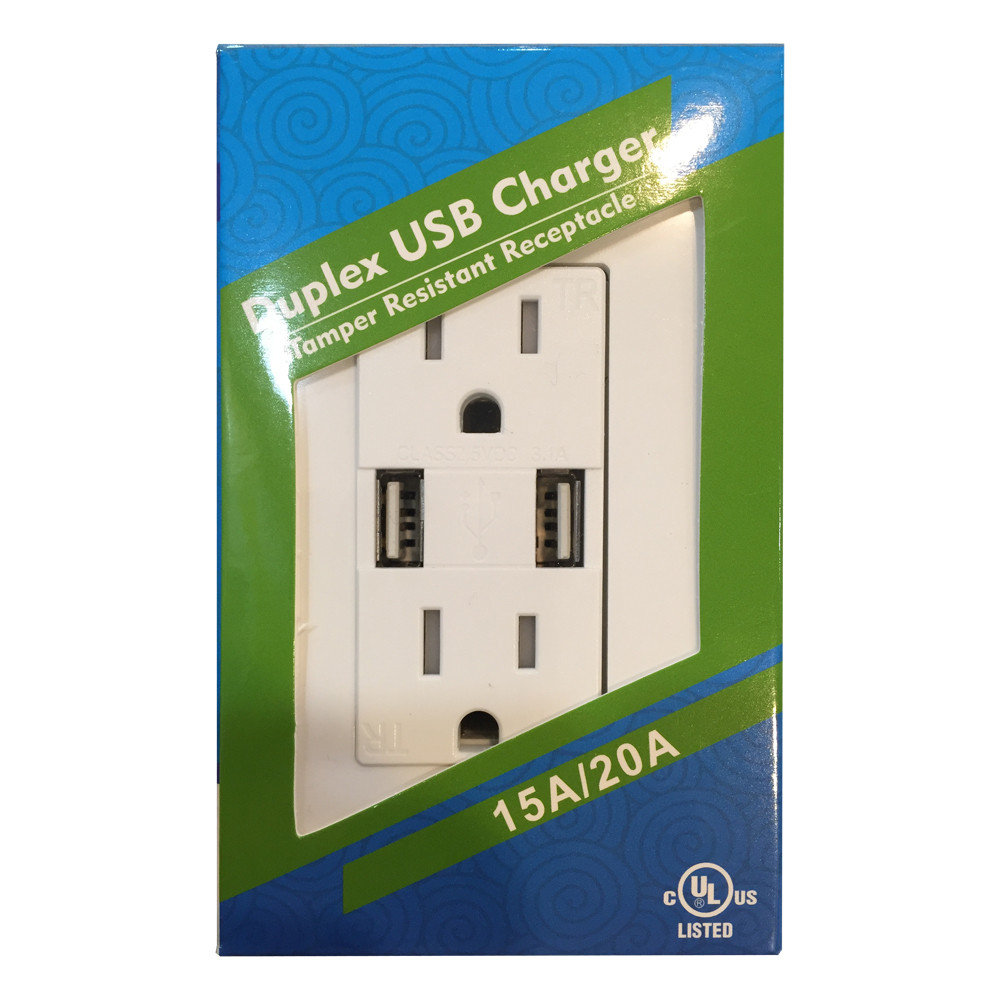 Decorative 15Amp Tamper Resistant Duplex USB Charger White Lampsone