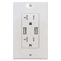 The Duplex USB Charger/Tamper Resistant Receptacle provides two 5 VDC-4A DC powered USB ports and two 20A-125VAC outlets. The USB ports are used to charge portable electronic devices ONLY (no data transfer capability). The Duplex USB Charger/Tamper Resistant Receptacle provides two 5 VDC-4A DC powered USB ports and two 20A-125VAC outlets. The USB ports are used to charge portable electronic devices ONLY (no data transfer capability).