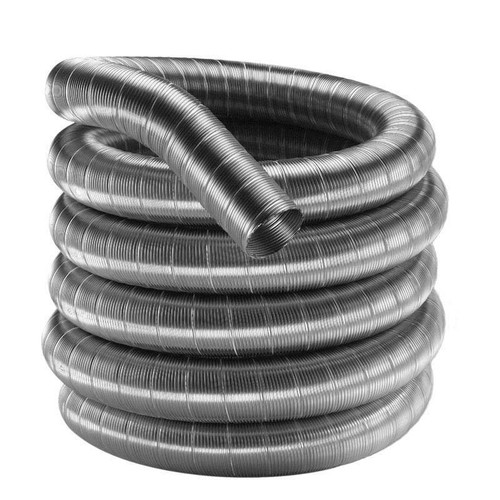 A coiled stainless steel chimney liner on a white background