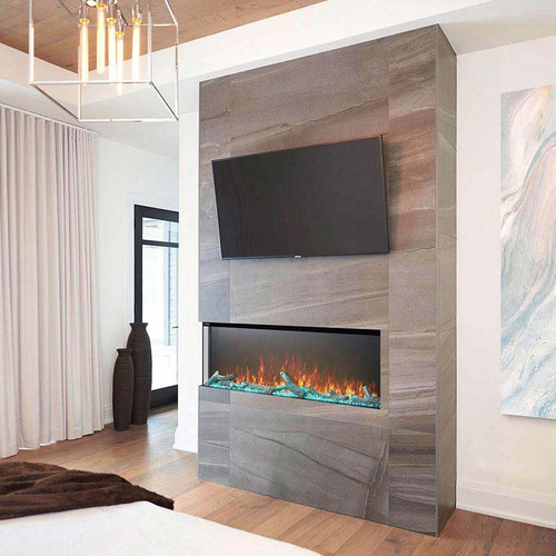 A wide fireplace insert in a living room