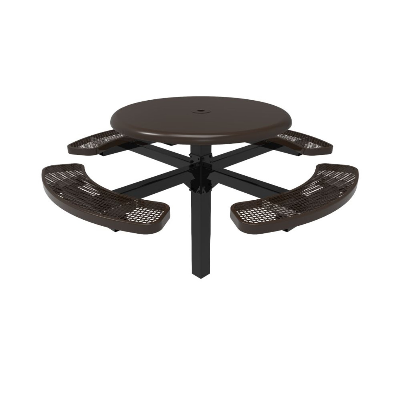 46" Round Solid Top Pedestal Table with Four Expanded Metal Seats - in-ground mount