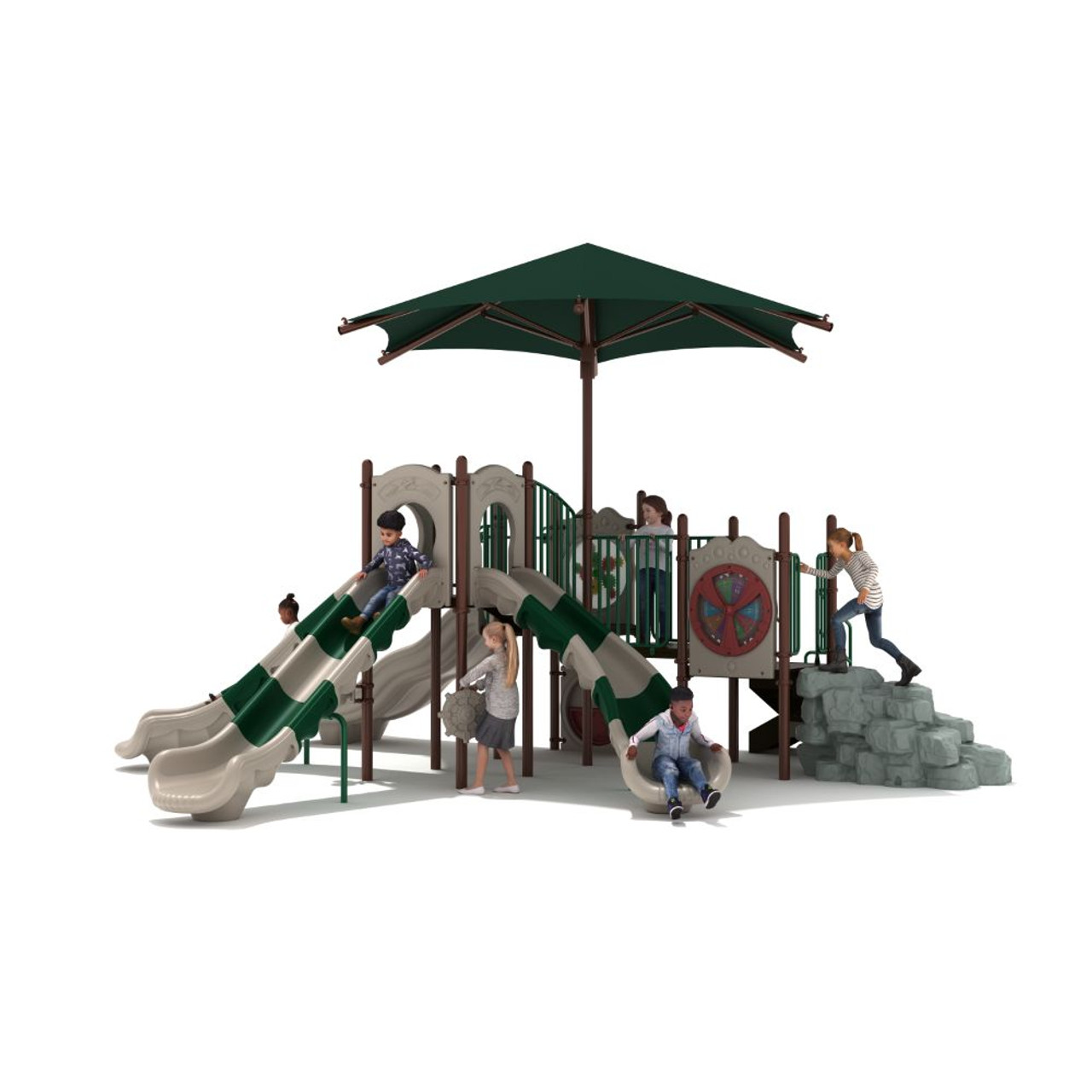 Outdoor Playground with Shade Roof and Boulder Climber - Neutral Color