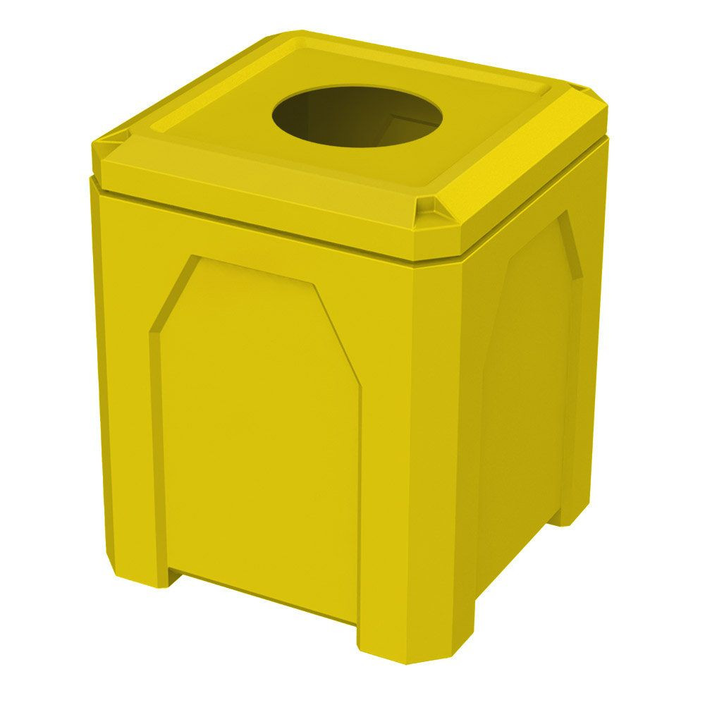 Outdoor Plastic Trash Can - Flat Square Lid Top with Center Hole - Yellow