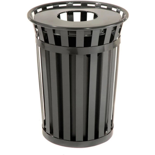 36 Gallon Slatted Steel Trash Can with Flat Lid and Liner - Black