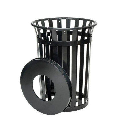 Metal Slat Round Outdoor Trash Can with Lid