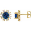 14 Karat Yellow Gold Lab Created Blue Sapphire and .07 Carat Diamond Earrings