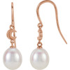 Genuine 14 Karat Rose Gold Freshwater Pearl Moon Dangle Earrings