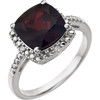 14 Karat White Gold Cushion  Mozambique Garnet and .03 Carat Diamond Ring