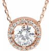 Created Moissanite Necklace in 14 Karat Rose Gold 5 mm Round Forever Oneandtrade; Moissanite and .06 Carat Diamond 16 inch Necklace