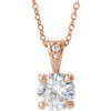 Created Moissanite Necklace in 14 Karat Rose Gold 6.5 mm Round Forever One Moissanite and .01 Carat Diamond 16 inch Necklace