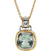 14 Karat White and Yellow Gold Cushion Genuine Green Quartz and .04 Carat Diamond 18 inch Necklace