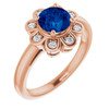 Lab Blue Sapphire set 14 Karat Rose Gold Lab Created Sapphire and 0.15 Carat Diamond Ring