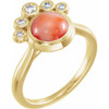 Pink Coral Ring in 14 Karat Yellow Gold Cabochon Pink Coral and 0.15 Carat Diamond