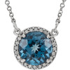 14 Karat White Gold 6mm Round London Blue Topaz and .04 Carat Diamond 16 inch Necklace 14 Karat White Gold 6mm Round London Blue Topaz and .04 Carat Diamond 16 inch Necklace
