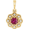 14 Karat Yellow Gold Ruby and .06 Carat Diamond Halo Style Pendant