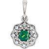 Platinum Emerald and .06 Carat Diamond Halo Style Pendant