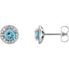 14 Karat White Gold 5mm Round Blue Zircon and 0.17 Carat Diamond Halo Style Earrings