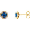 14 Karat Yellow Gold 4mm Round Lab Created Genuine Blue Sapphire and 0.17 Carat Diamond Earrings