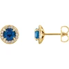 14 Karat Yellow Gold 4mm Round Genuine Blue Sapphire and 0.12 Carat Diamond Earrings