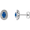 Platinum Genuine Blue Sapphire and 0.13 Carat Diamond Halo Style Earrings