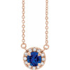 Sapphire Necklace in 14 Karat Rose Gold 3 mm Round Sapphire and .03 Carat Diamond 18 inch Necklace