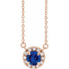 Sapphire Necklace in 14 Karat Rose Gold 4 mm Round Sapphire and .06 Carat Diamond 16 inch Necklace