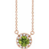 Genuine Peridot Necklace in 14 Karat Rose Gold 4 mm Round Peridot and .06 Carat Diamond 16 inch Necklace