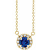 Sapphire Necklace in 14 Karat Yellow Gold 4.5 mm Round Sapphire and .06 Carat Diamond 16 inch Necklace