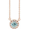 14 Karat Rose Gold 4.5 mm Round Aquamarine Gem and .06 Carat Diamond 18 inch Necklace