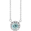 14 Karat White Gold 5 mm Round Aquamarine Gem and 0.12 Carat Diamond 18 inch Necklace