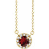 Red Garnet Necklace in 14 Karat Yellow Gold 5 mm Round Mozambique Garnet and 0.12 Carat Diamond 16 inch Necklace