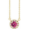 Pink Tourmaline Necklace in 14 Karat Yellow Gold 5 mm Round Pink Tourmaline and 0.12 Carat Diamond 18 inch Necklace