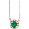 Emerald Necklace in 14 Karat Rose Gold 5 mm Round Emerald and 0.12 Carat Diamond 16 inch Necklace