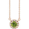 Genuine Peridot Necklace in 14 Karat Rose Gold 5.5 mm Round Peridot and 0.12 Carat Diamond 16 inch Necklace